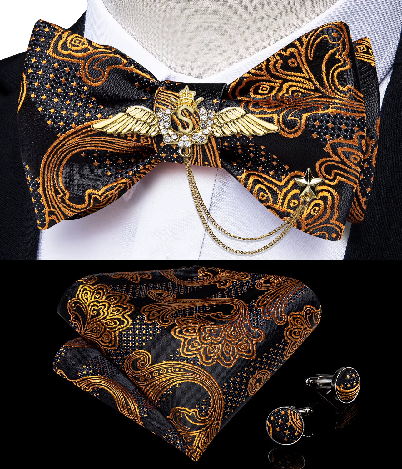 New Arrival Bow Ties for Men Silk Bowties Cufflinks Handkerchief Set for Party Wedding Suit Accessories Man Tie Golden Brooch