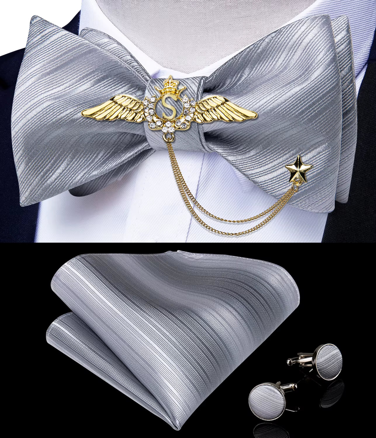 New Arrival Bow Ties for Men Silk Bowties Cufflinks Handkerchief Set for Party Wedding Suit Accessories Man Tie Golden Brooch