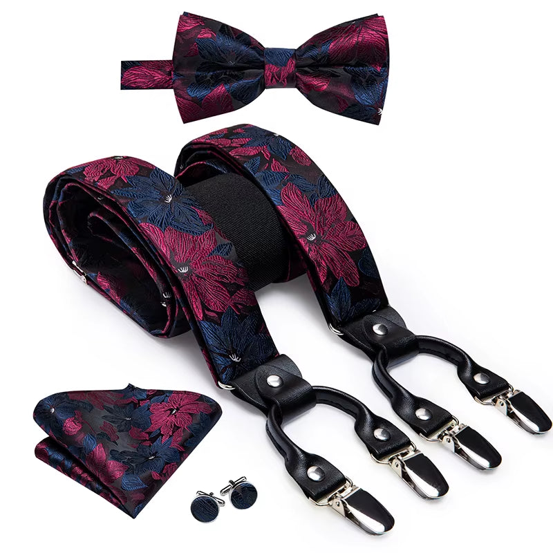Hi-Tie Vintage Silk Men'S Suspender Set Fashion Gold Floral Suspender and Bow Tie Set Leather Metal 6 Clips Suspender Braces