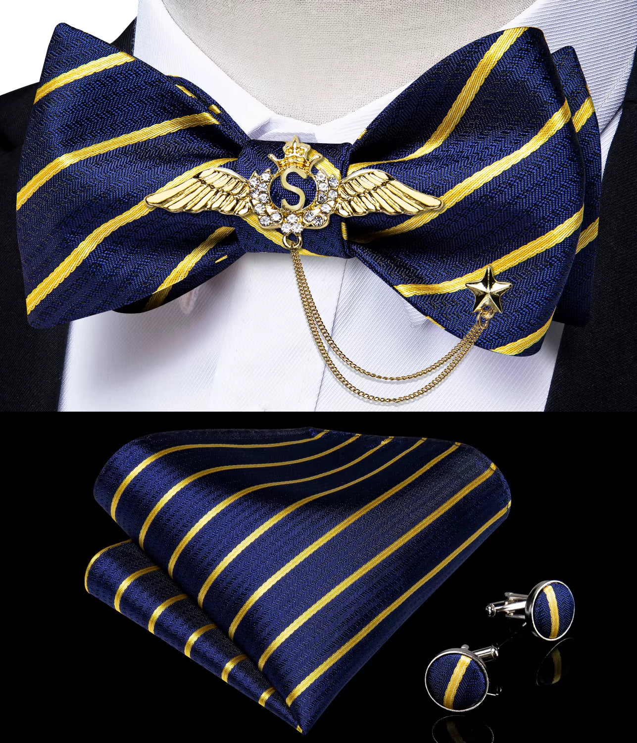 New Arrival Bow Ties for Men Silk Bowties Cufflinks Handkerchief Set for Party Wedding Suit Accessories Man Tie Golden Brooch