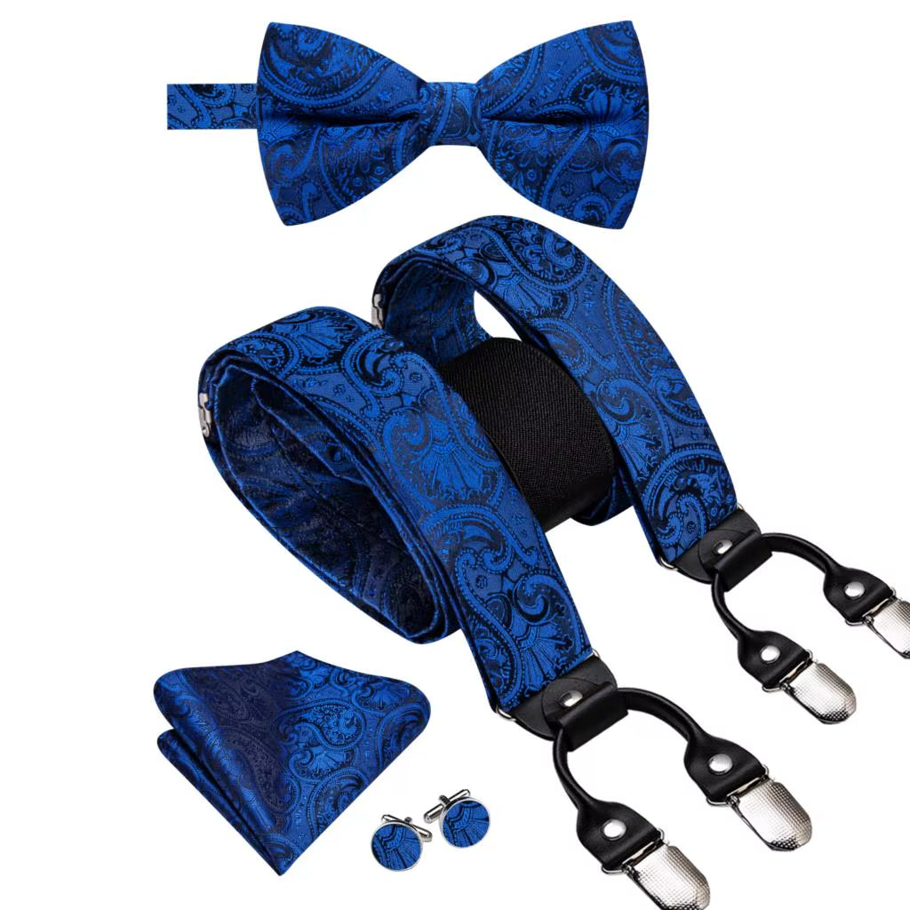 Hi-Tie Vintage Silk Men'S Suspender Set Fashion Gold Floral Suspender and Bow Tie Set Leather Metal 6 Clips Suspender Braces