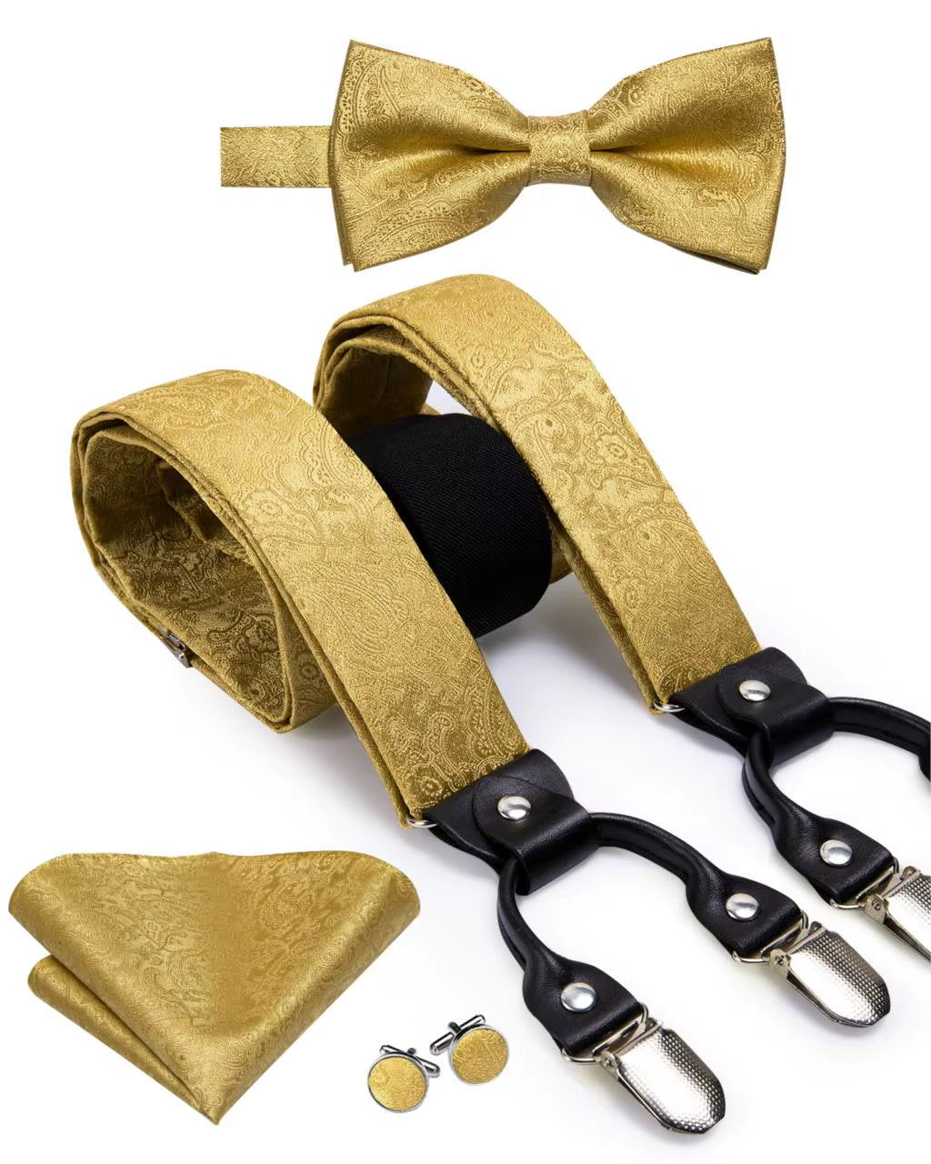 Hi-Tie Vintage Silk Men'S Suspender Set Fashion Gold Floral Suspender and Bow Tie Set Leather Metal 6 Clips Suspender Braces