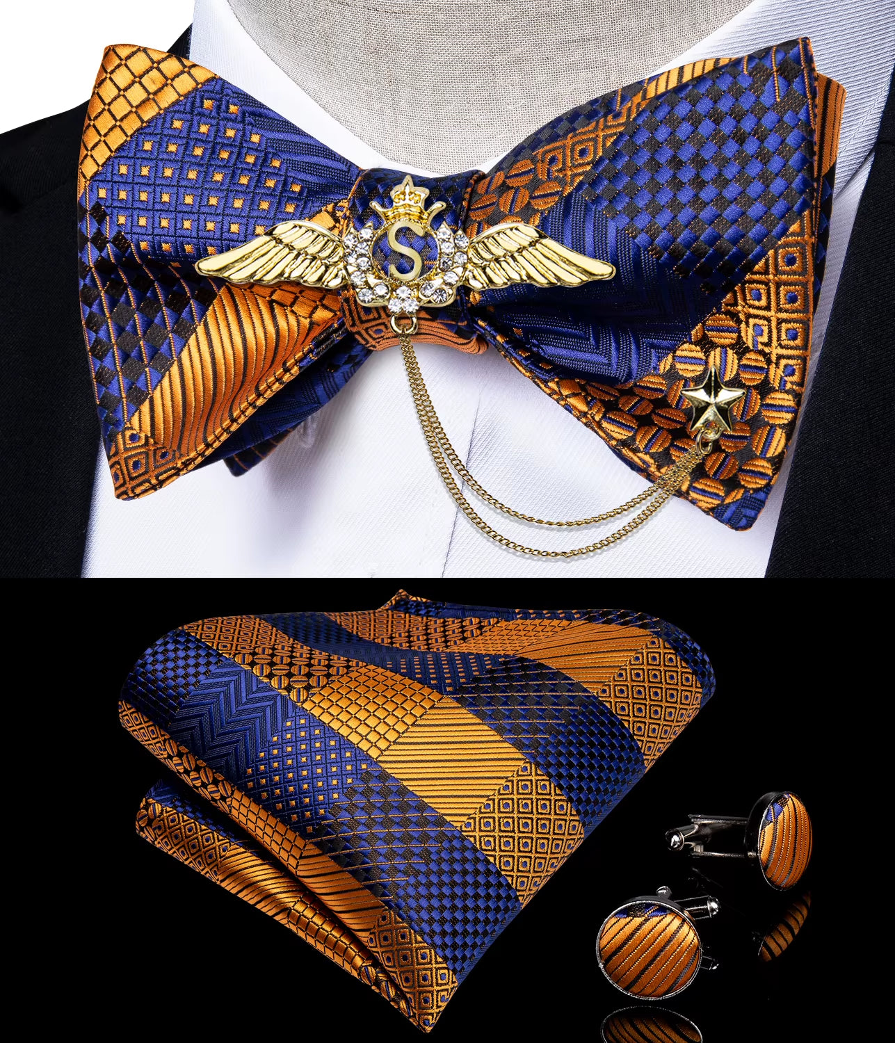 New Arrival Bow Ties for Men Silk Bowties Cufflinks Handkerchief Set for Party Wedding Suit Accessories Man Tie Golden Brooch