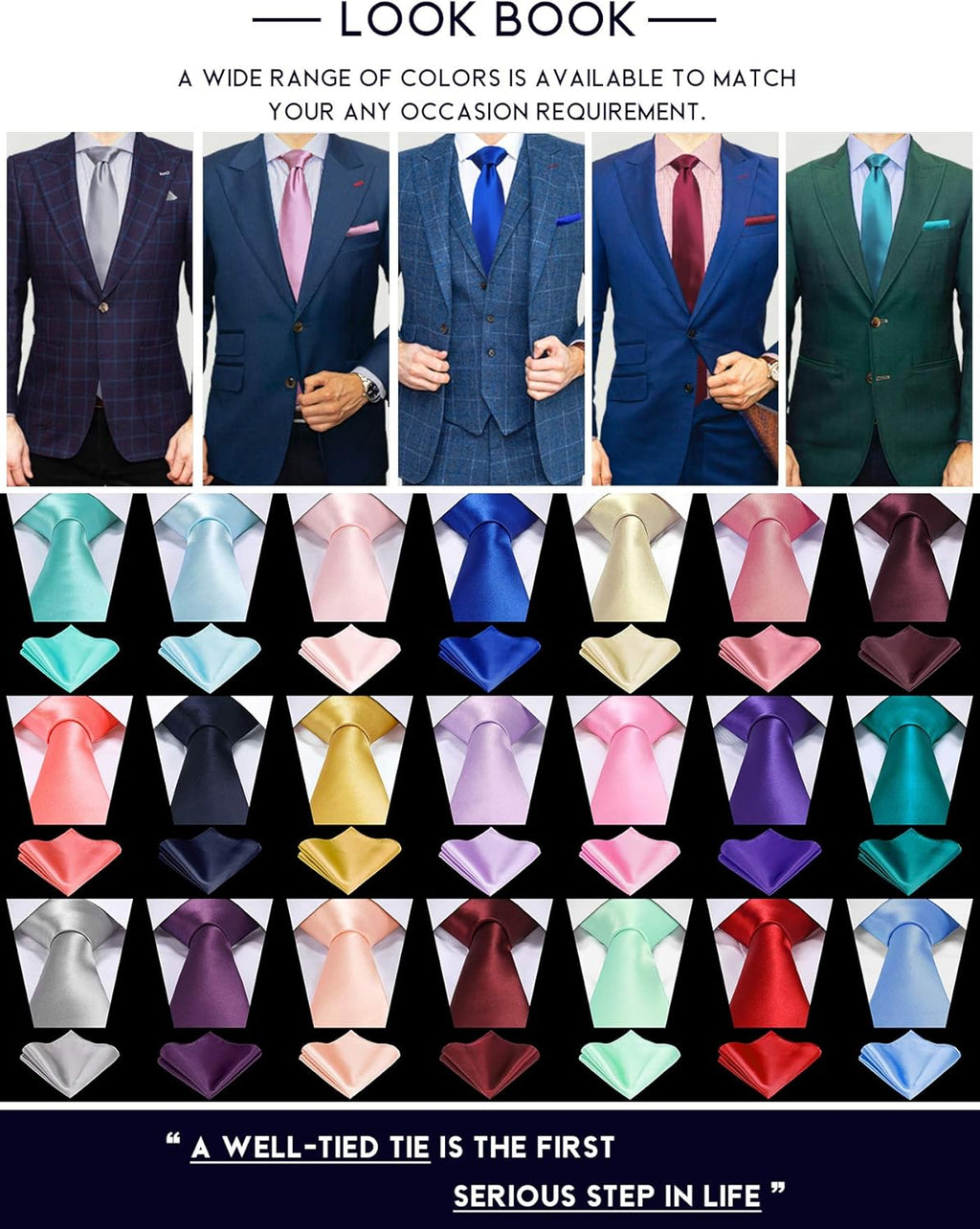 TIE G Solid Satin Woven Dyed Color Formal Black Necktie and Pocket Square Sets in Gift Box