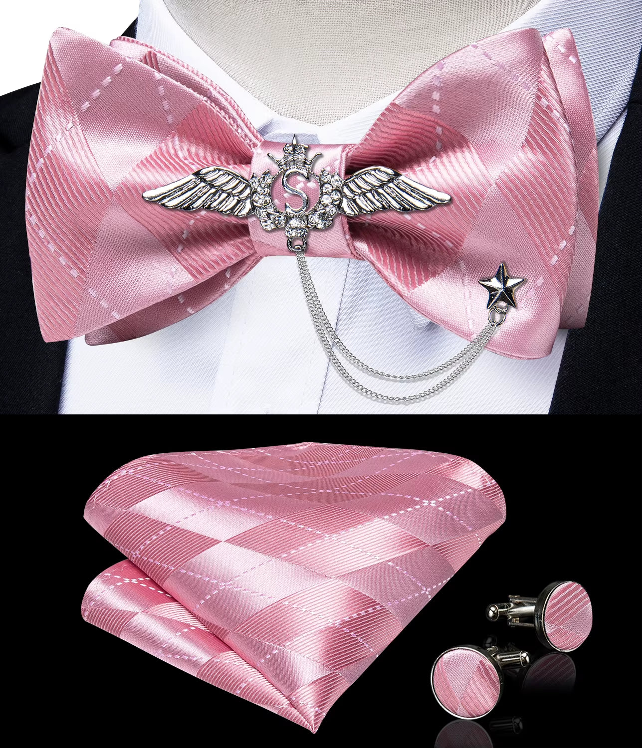 New Arrival Bow Ties for Men Silk Bowties Cufflinks Handkerchief Set for Party Wedding Suit Accessories Man Tie Golden Brooch