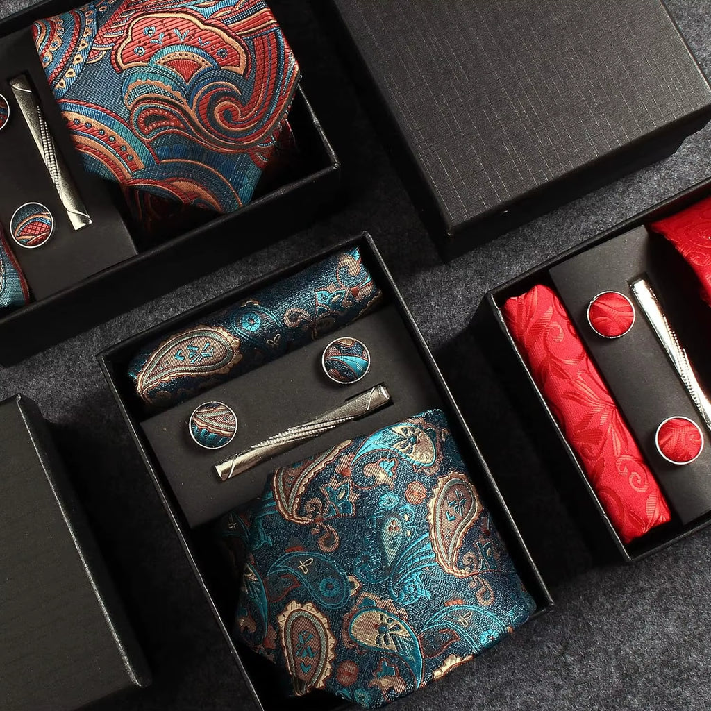 100% Silk Necktie Paisley Floral Mens Tie Top Quality Business Tie Pocket Square Tie Clip Cufflinks Set Classic for Men Gift Box