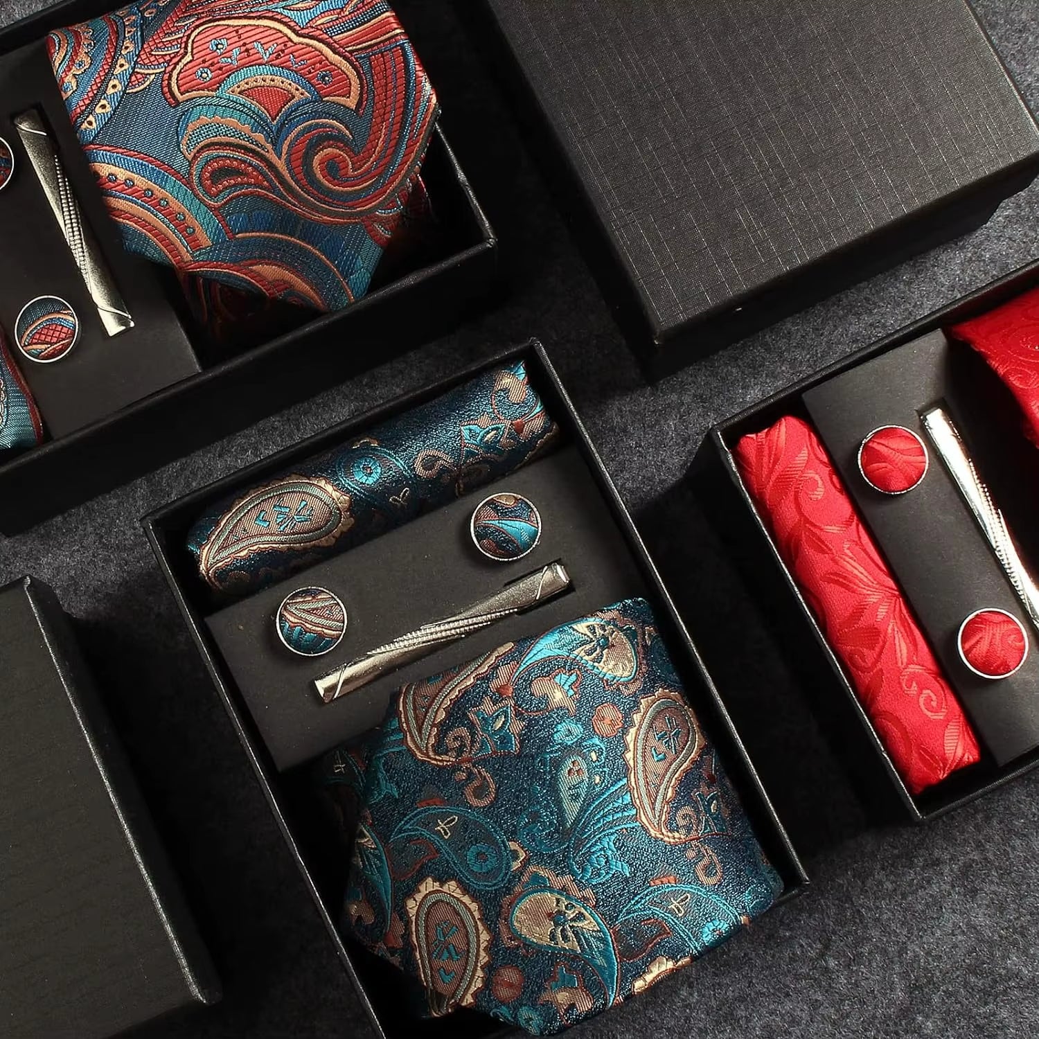 100% Silk Necktie Paisley Floral Mens Tie Top Quality Business Tie Pocket Square Tie Clip Cufflinks Set Classic for Men Gift Box