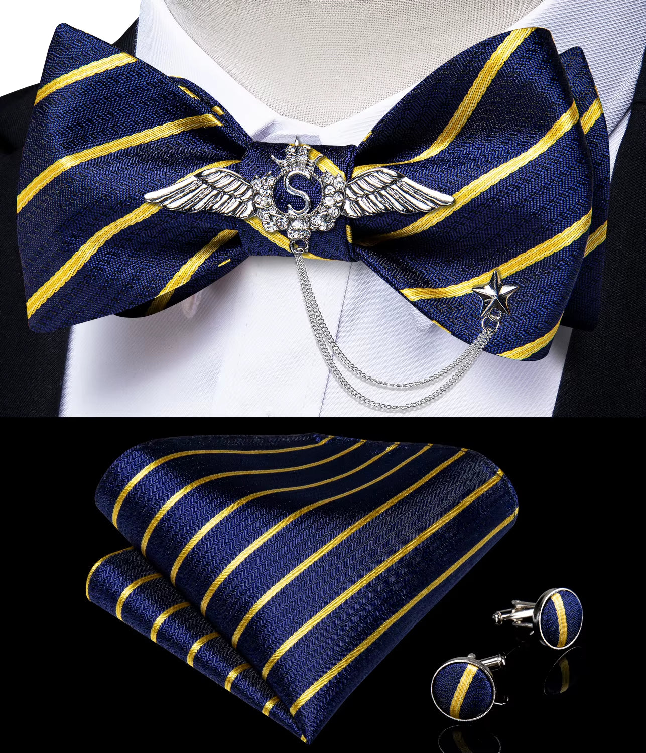 New Arrival Bow Ties for Men Silk Bowties Cufflinks Handkerchief Set for Party Wedding Suit Accessories Man Tie Golden Brooch