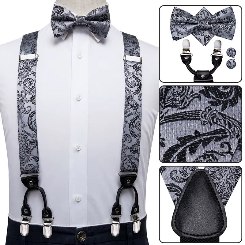 Hi-Tie Vintage Silk Men'S Suspender Set Fashion Gold Floral Suspender and Bow Tie Set Leather Metal 6 Clips Suspender Braces