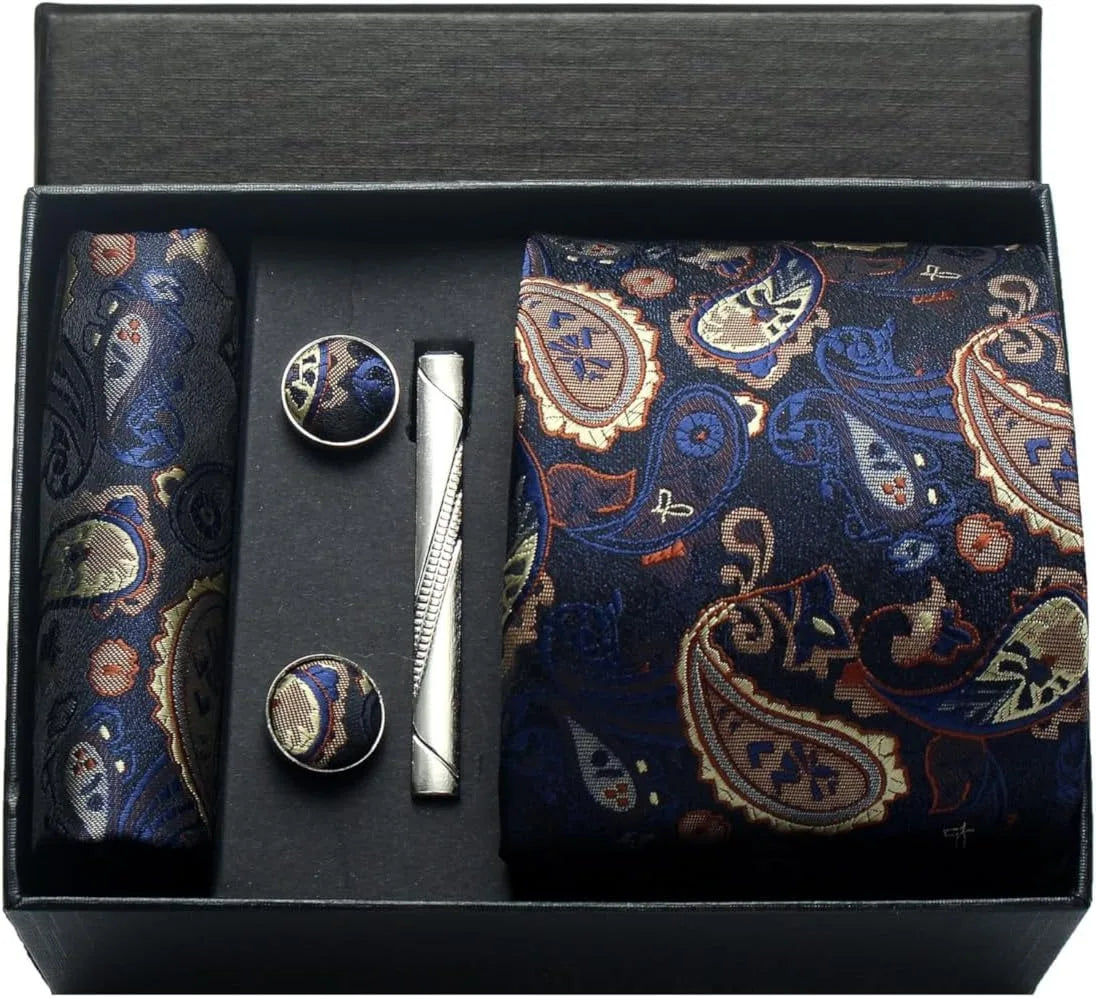 100% Silk Necktie Paisley Floral Mens Tie Top Quality Business Tie Pocket Square Tie Clip Cufflinks Set Classic for Men Gift Box
