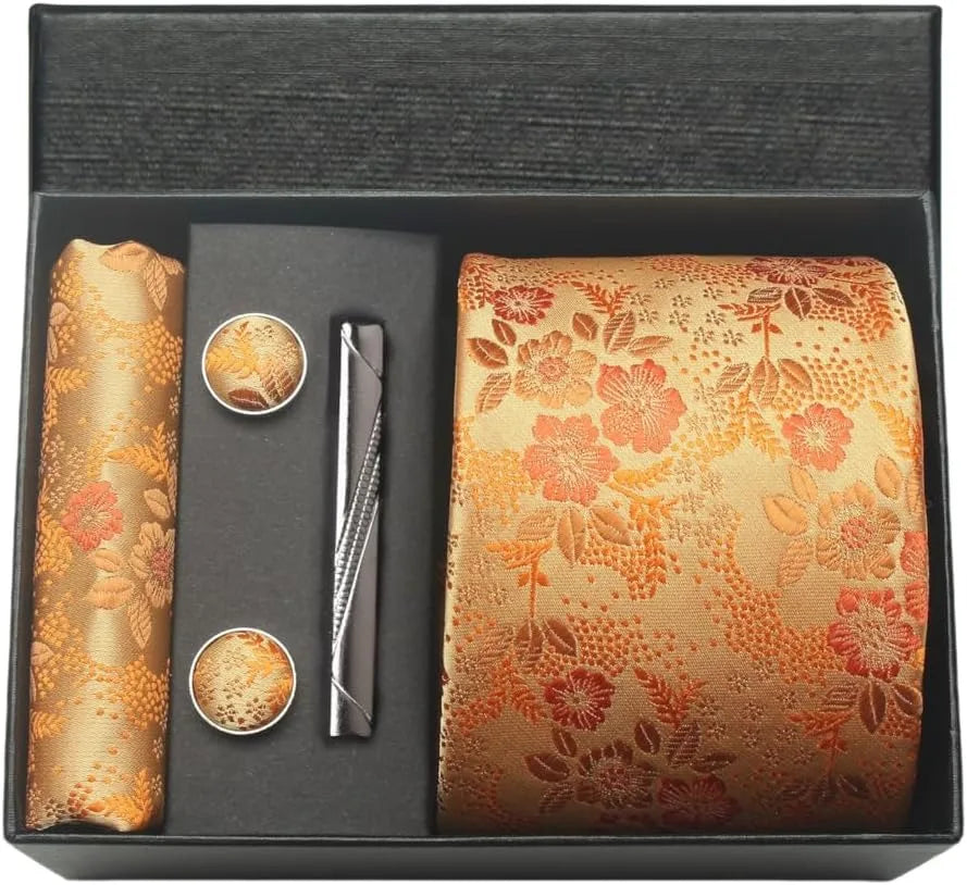 100% Silk Necktie Paisley Floral Mens Tie Top Quality Business Tie Pocket Square Tie Clip Cufflinks Set Classic for Men Gift Box