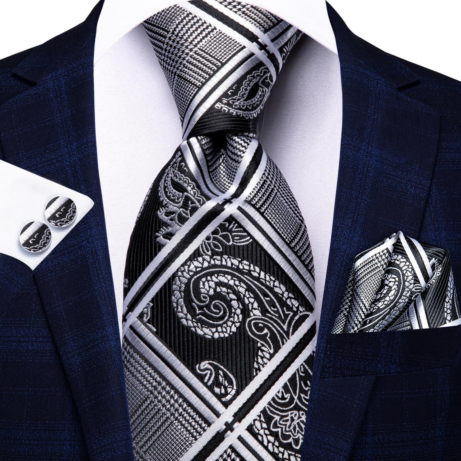 Mens Plaid Ties Classic Paisley Necktie with Handkerchief Cufflinks Set Business Stripe Tie