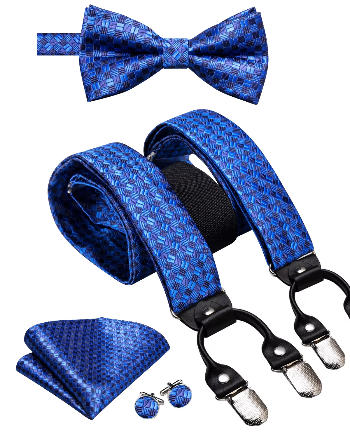 Hi-Tie Vintage Silk Men'S Suspender Set Fashion Gold Floral Suspender and Bow Tie Set Leather Metal 6 Clips Suspender Braces