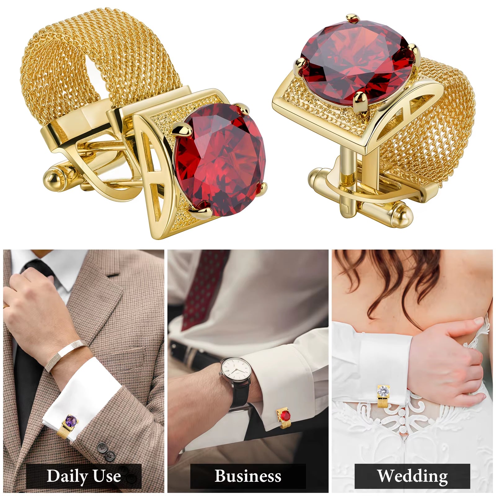 Gold Tone Crystal Cufflinks for Men with Chain Shiny Luxury Cuff Wedding Party Dress Shirt Accessories Gift