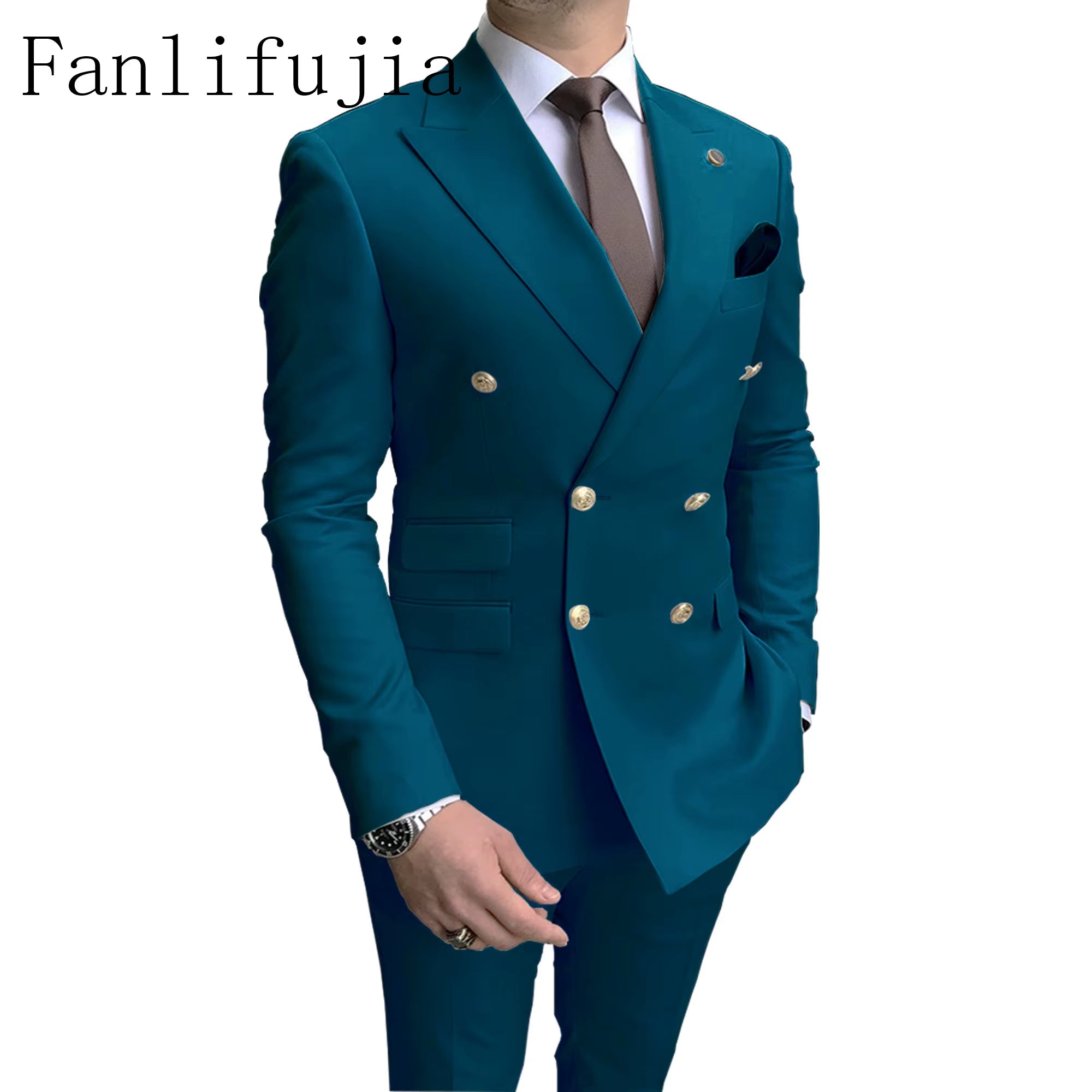 Store Navy Men Party Tuxedos 2 Pieces Latest Peak Lapel Men Suits Gold Buttons Fashion Style Suits Double Breasted