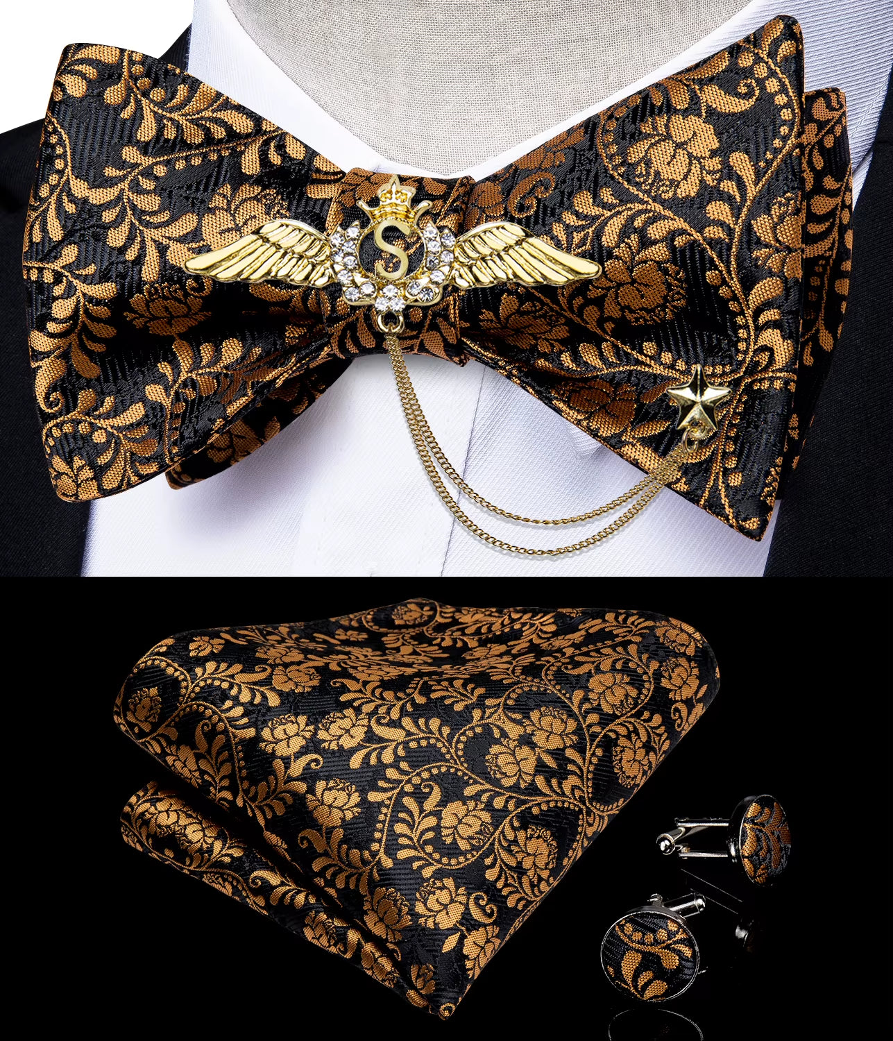 New Arrival Bow Ties for Men Silk Bowties Cufflinks Handkerchief Set for Party Wedding Suit Accessories Man Tie Golden Brooch