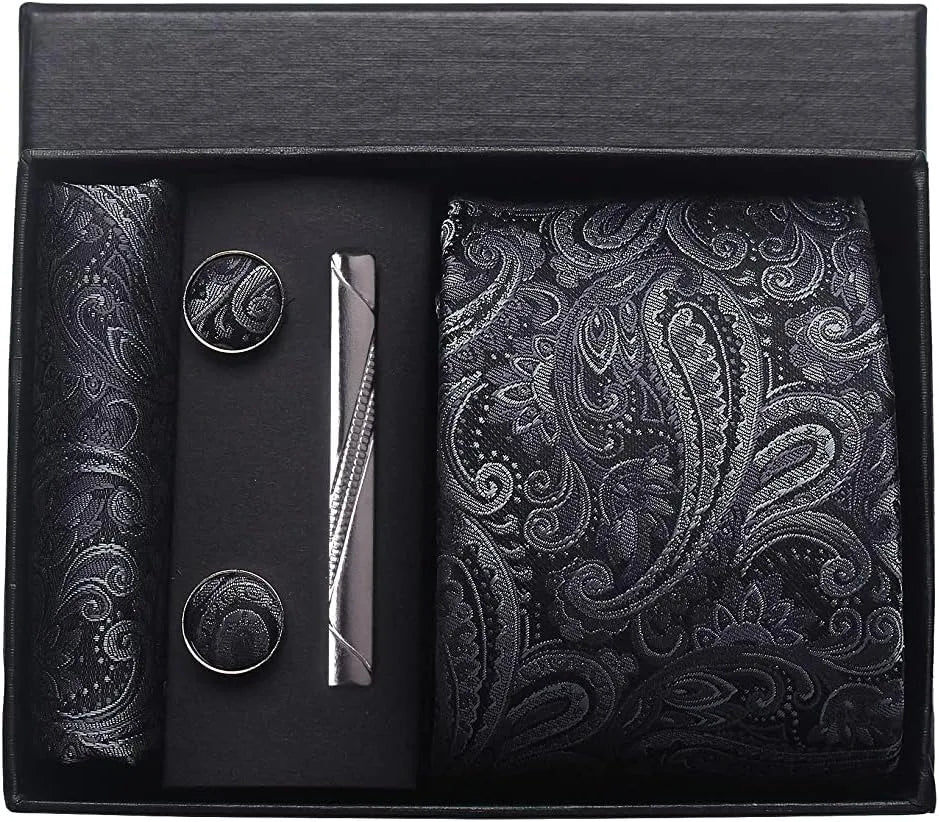 100% Silk Necktie Paisley Floral Mens Tie Top Quality Business Tie Pocket Square Tie Clip Cufflinks Set Classic for Men Gift Box