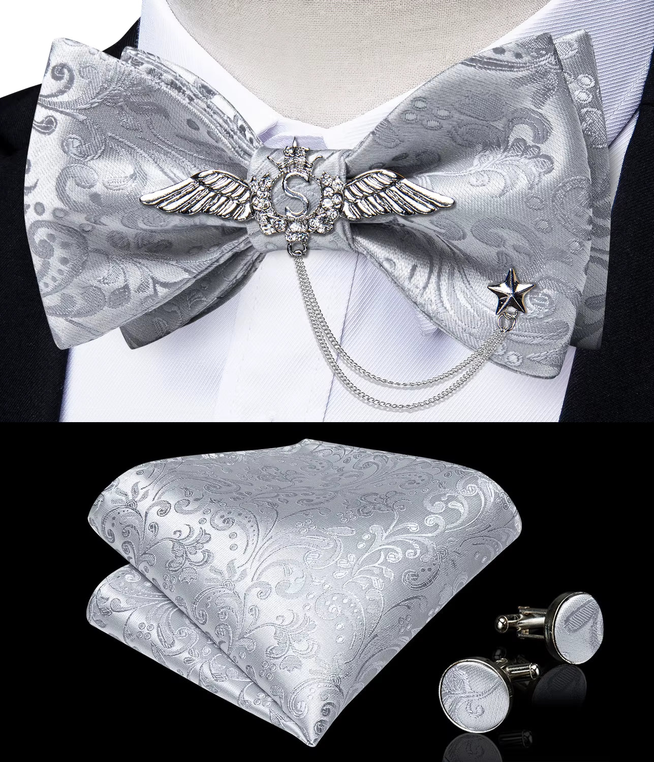 New Arrival Bow Ties for Men Silk Bowties Cufflinks Handkerchief Set for Party Wedding Suit Accessories Man Tie Golden Brooch