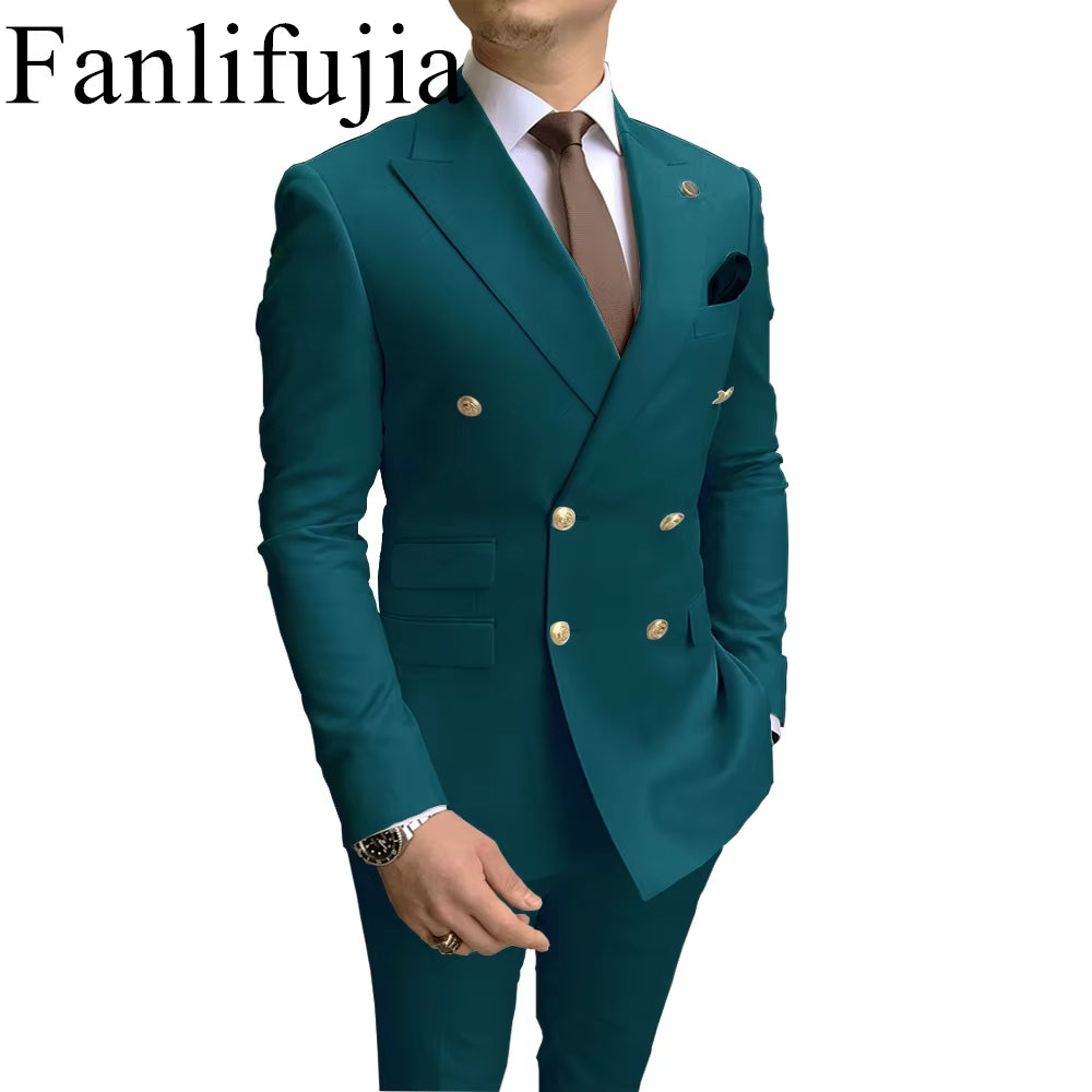 Store Navy Men Party Tuxedos 2 Pieces Latest Peak Lapel Men Suits Gold Buttons Fashion Style Suits Double Breasted