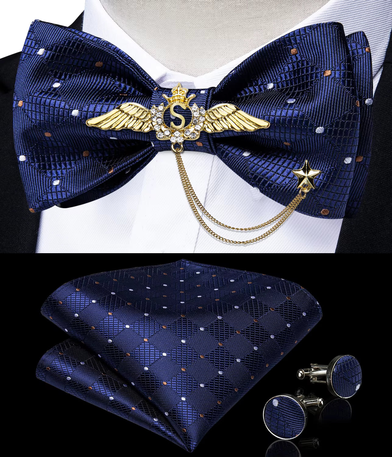 New Arrival Bow Ties for Men Silk Bowties Cufflinks Handkerchief Set for Party Wedding Suit Accessories Man Tie Golden Brooch