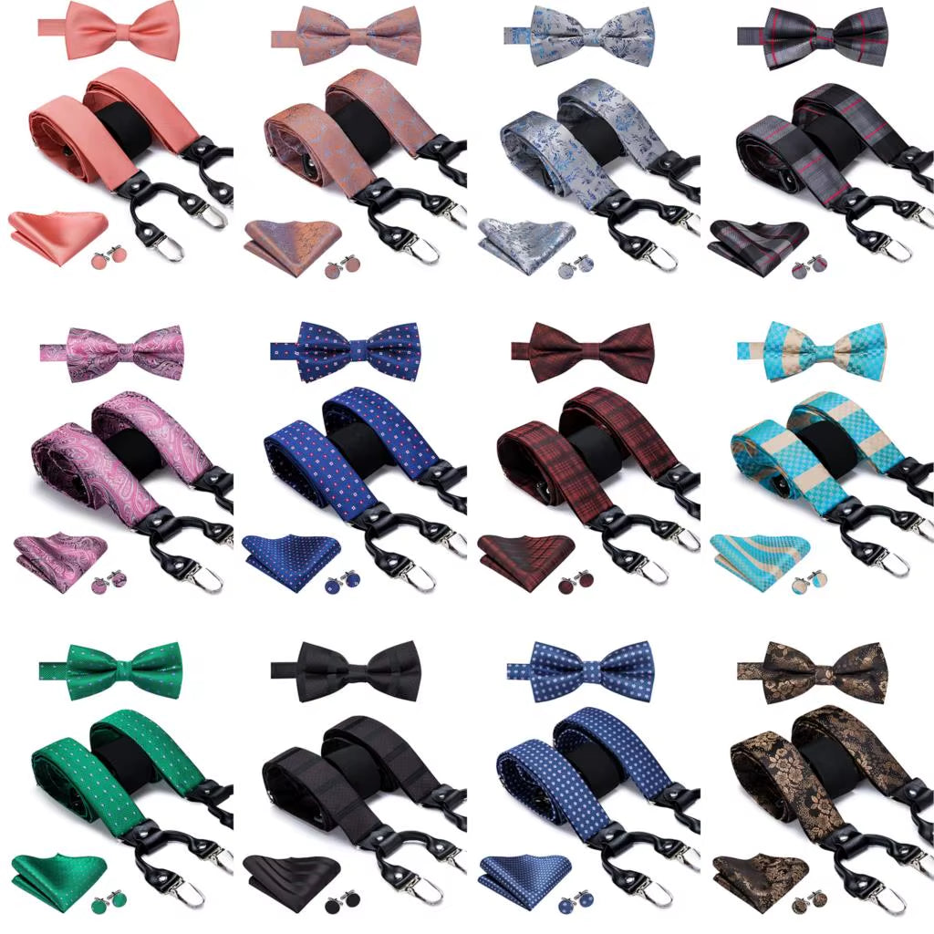 Hi-Tie Vintage Silk Men'S Suspender Set Fashion Gold Floral Suspender and Bow Tie Set Leather Metal 6 Clips Suspender Braces