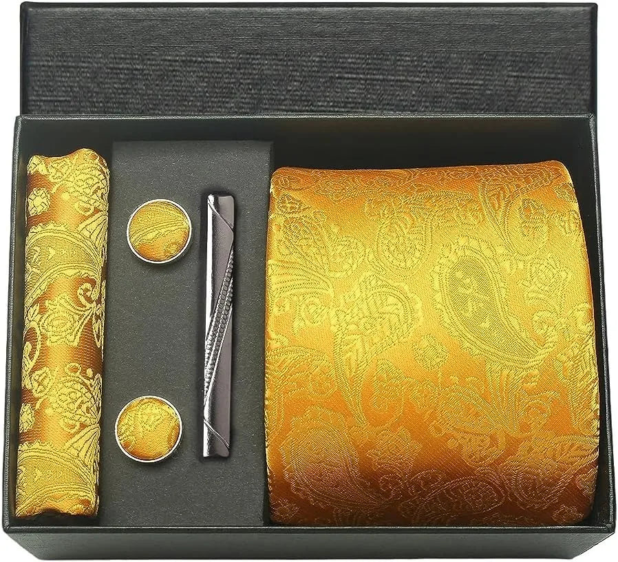 100% Silk Necktie Paisley Floral Mens Tie Top Quality Business Tie Pocket Square Tie Clip Cufflinks Set Classic for Men Gift Box