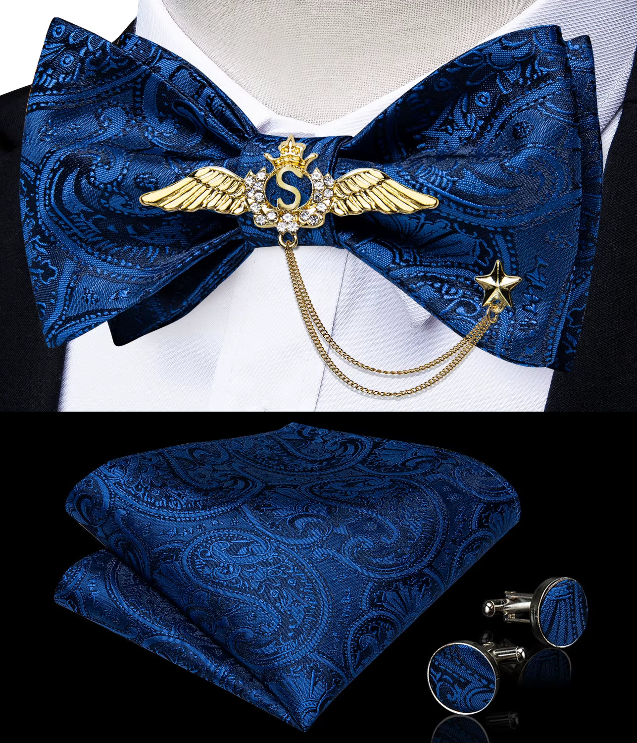 New Arrival Bow Ties for Men Silk Bowties Cufflinks Handkerchief Set for Party Wedding Suit Accessories Man Tie Golden Brooch