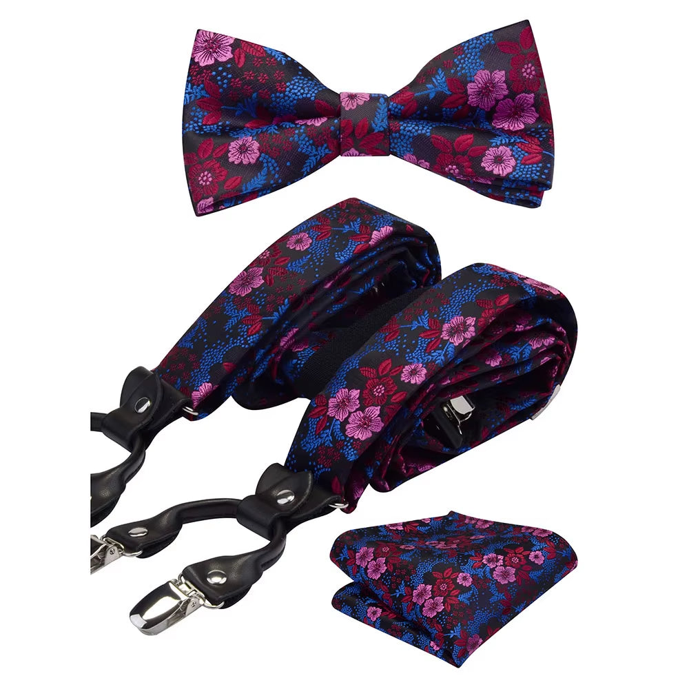 Fashion Floral Suspenders Leather 6 Clip Braces Vintage Casual Suspensorio Bow Tie Hanky Set Strap Bretele Father/Husband'S Gift