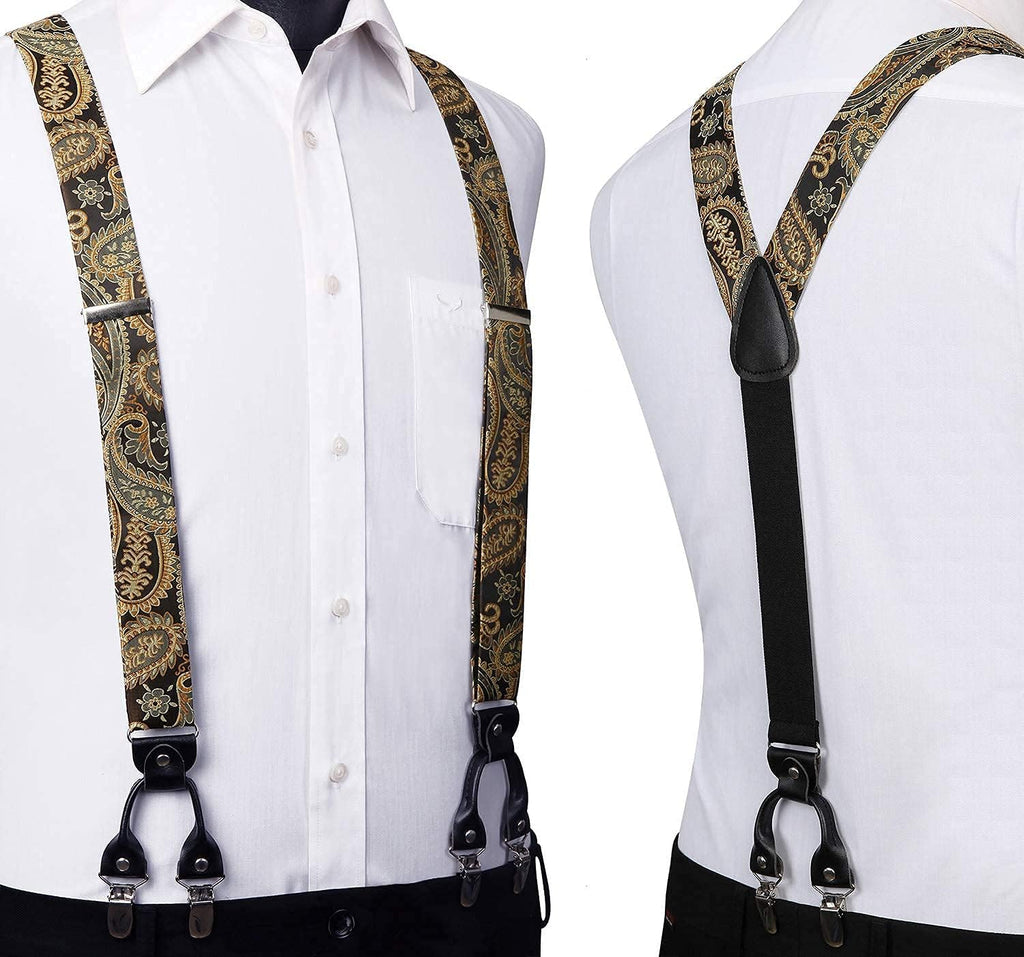 Suspenders for Men Paisley Floral Self Tied Bow Tie and Suspender Pocket Square Sets Adjustable Wedding Braces
