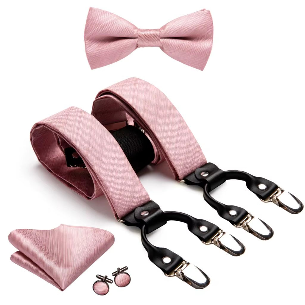 Hi-Tie Vintage Silk Men'S Suspender Set Fashion Gold Floral Suspender and Bow Tie Set Leather Metal 6 Clips Suspender Braces
