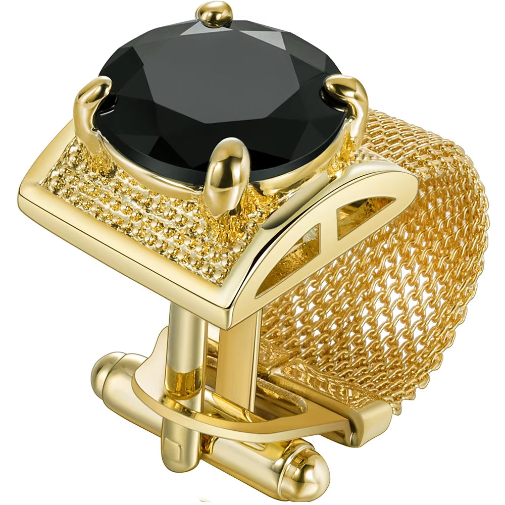 Gold Tone Crystal Cufflinks for Men with Chain Shiny Luxury Cuff Wedding Party Dress Shirt Accessories Gift