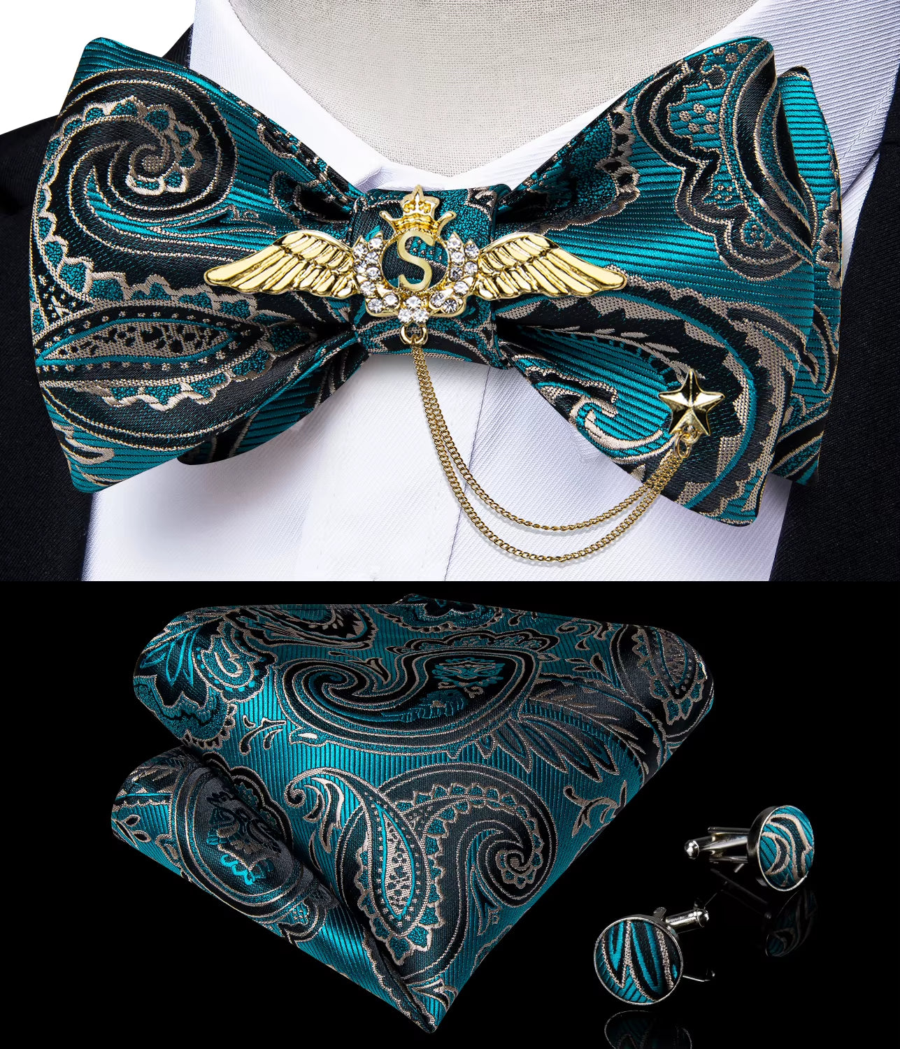 New Arrival Bow Ties for Men Silk Bowties Cufflinks Handkerchief Set for Party Wedding Suit Accessories Man Tie Golden Brooch