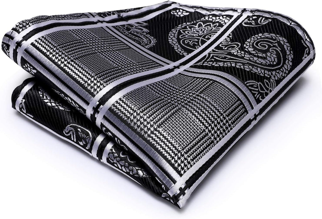 Mens Plaid Ties Classic Paisley Necktie with Handkerchief Cufflinks Set Business Stripe Tie