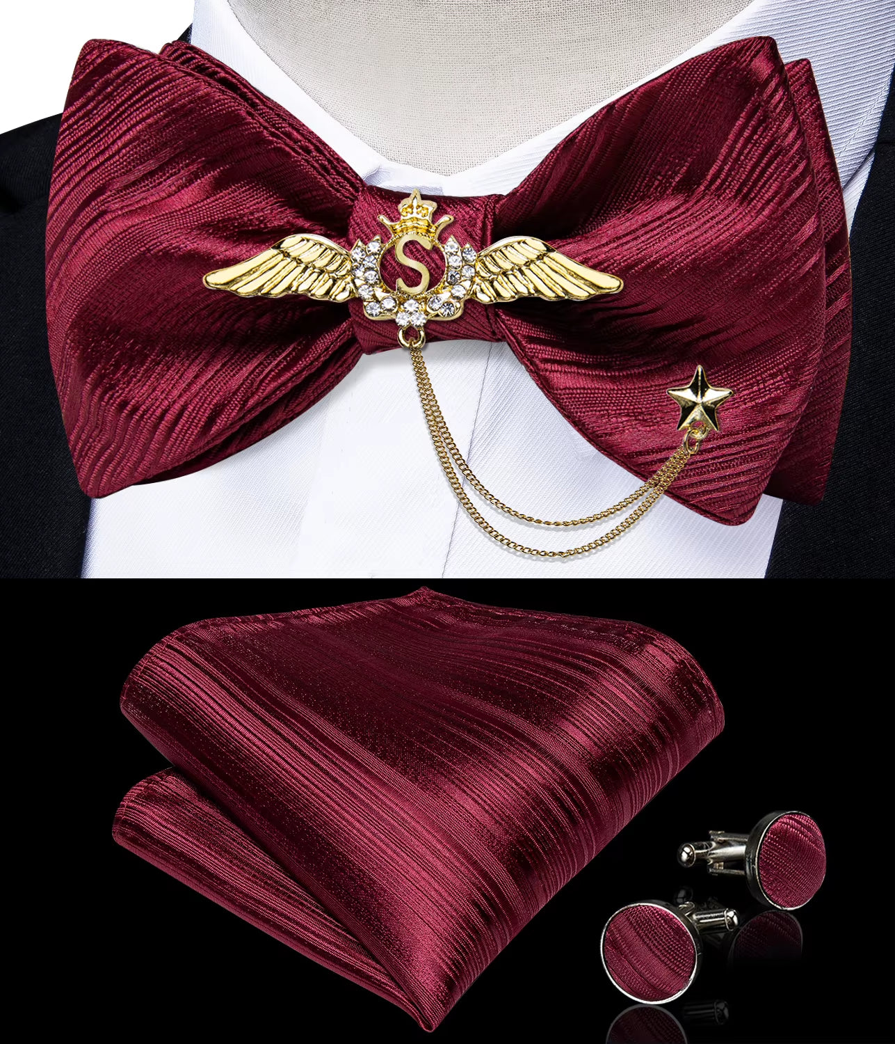 New Arrival Bow Ties for Men Silk Bowties Cufflinks Handkerchief Set for Party Wedding Suit Accessories Man Tie Golden Brooch