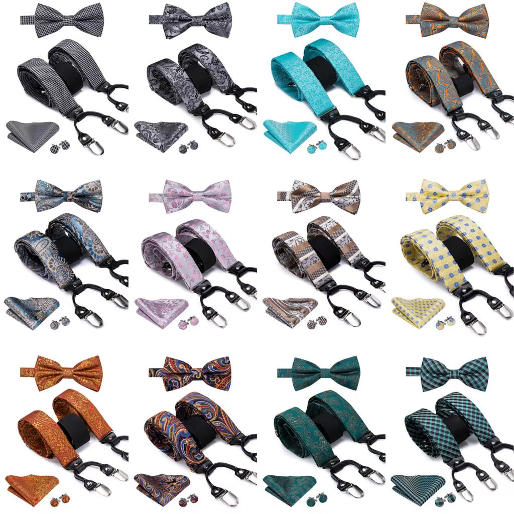 Hi-Tie Vintage Silk Men'S Suspender Set Fashion Gold Floral Suspender and Bow Tie Set Leather Metal 6 Clips Suspender Braces