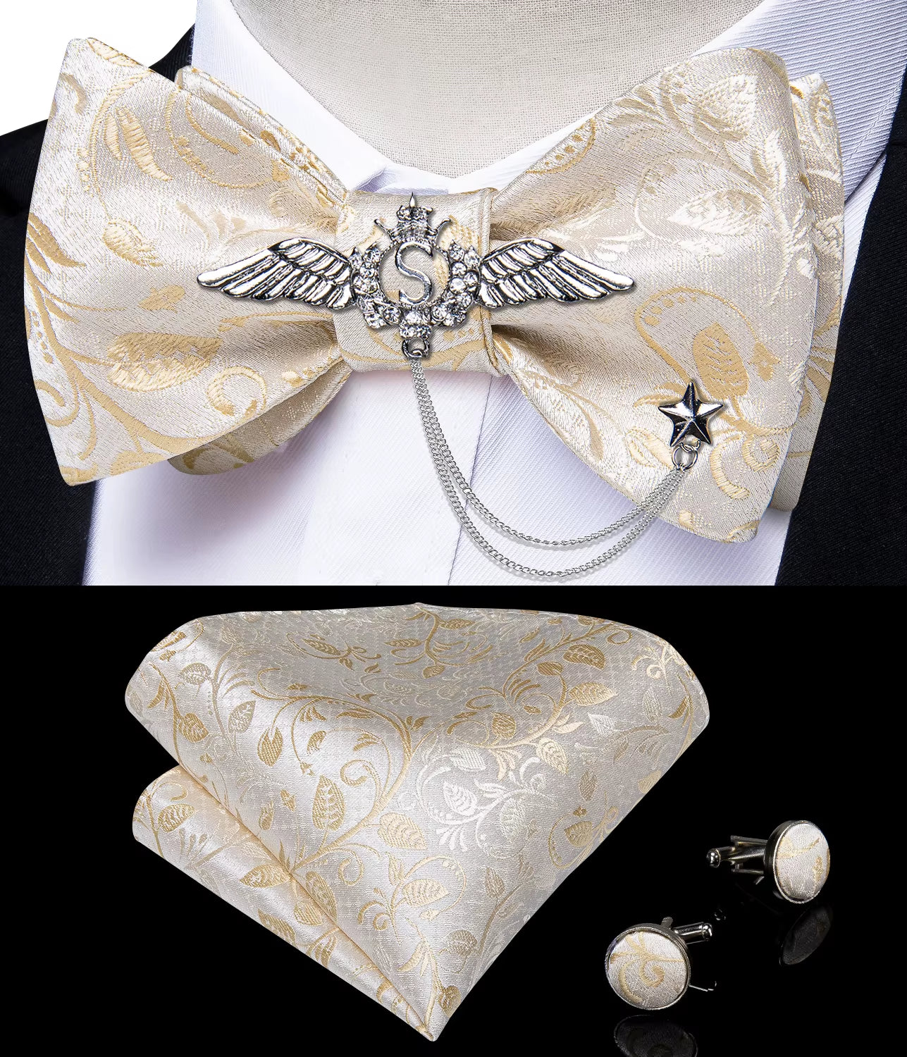New Arrival Bow Ties for Men Silk Bowties Cufflinks Handkerchief Set for Party Wedding Suit Accessories Man Tie Golden Brooch