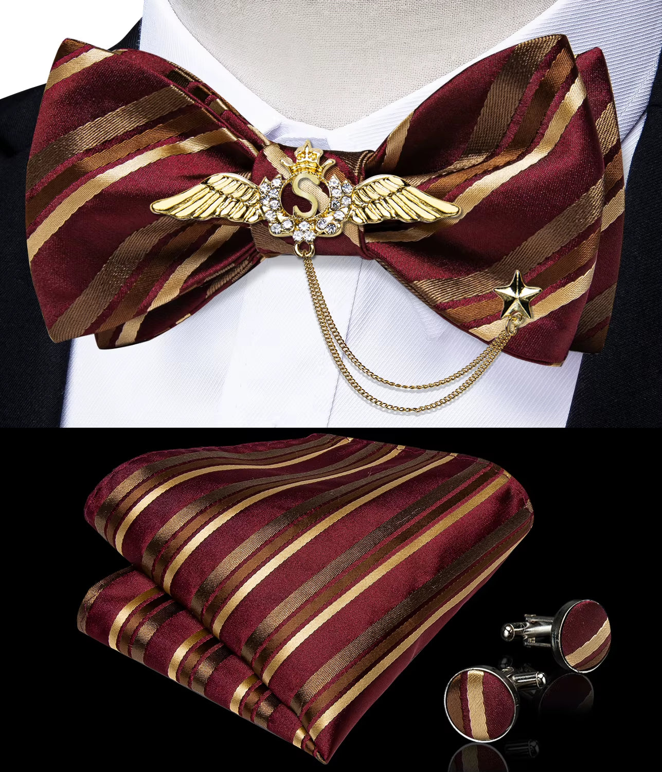 New Arrival Bow Ties for Men Silk Bowties Cufflinks Handkerchief Set for Party Wedding Suit Accessories Man Tie Golden Brooch
