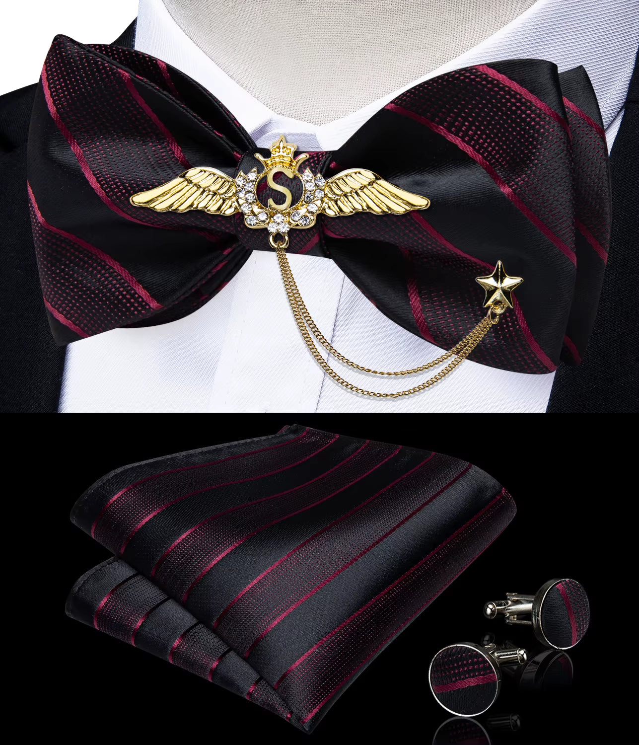 New Arrival Bow Ties for Men Silk Bowties Cufflinks Handkerchief Set for Party Wedding Suit Accessories Man Tie Golden Brooch