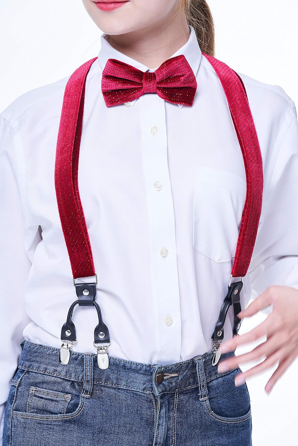TIE G Men'S Glitter Velvet Suspender + Bow Tie Set for Wedding, Party : Glittering Effects, Adjustable Braces, Strong 6 Clips