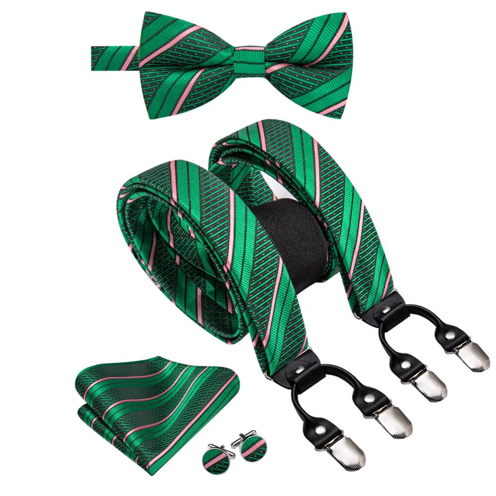 Hi-Tie Vintage Silk Men'S Suspender Set Fashion Gold Floral Suspender and Bow Tie Set Leather Metal 6 Clips Suspender Braces