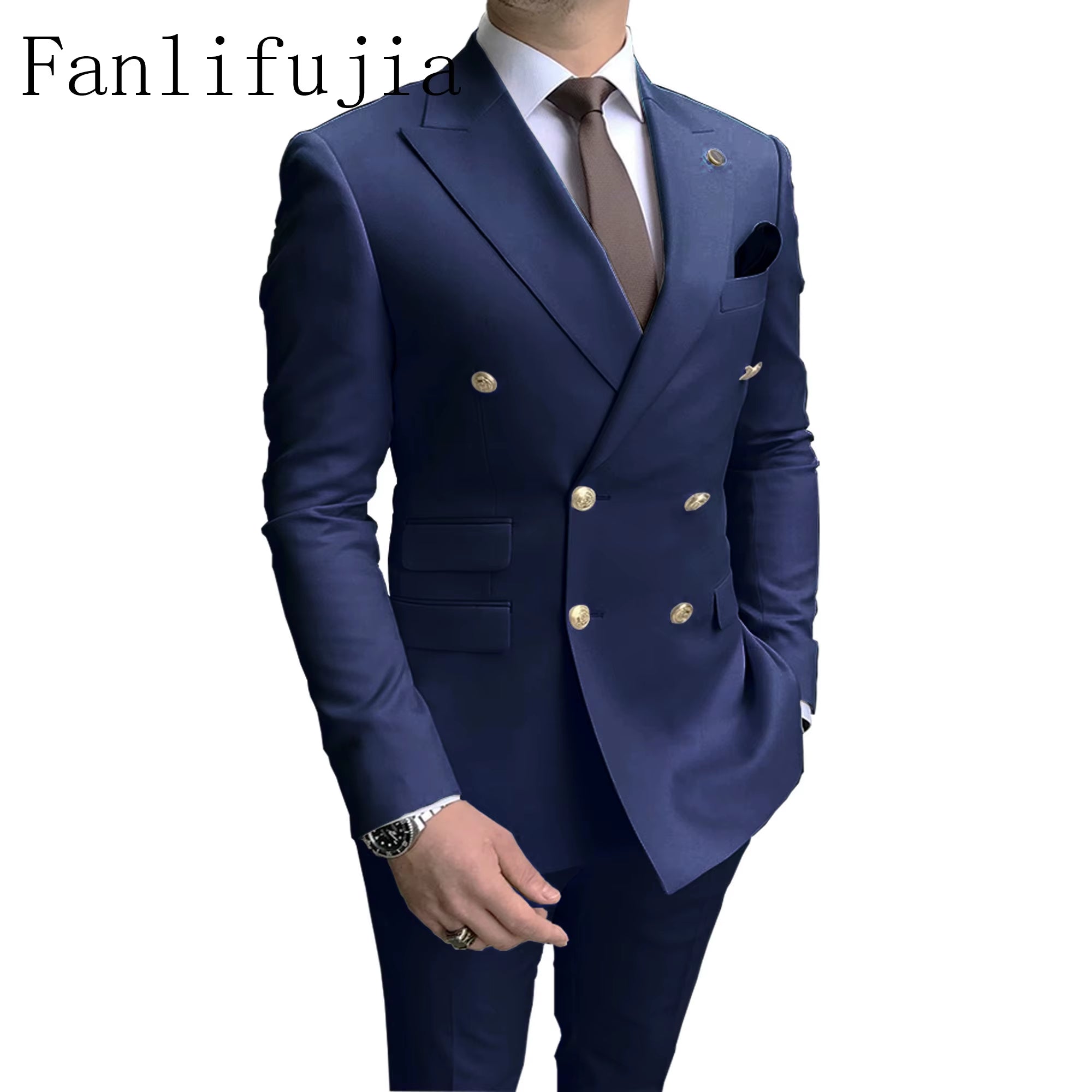 Store Navy Men Party Tuxedos 2 Pieces Latest Peak Lapel Men Suits Gold Buttons Fashion Style Suits Double Breasted