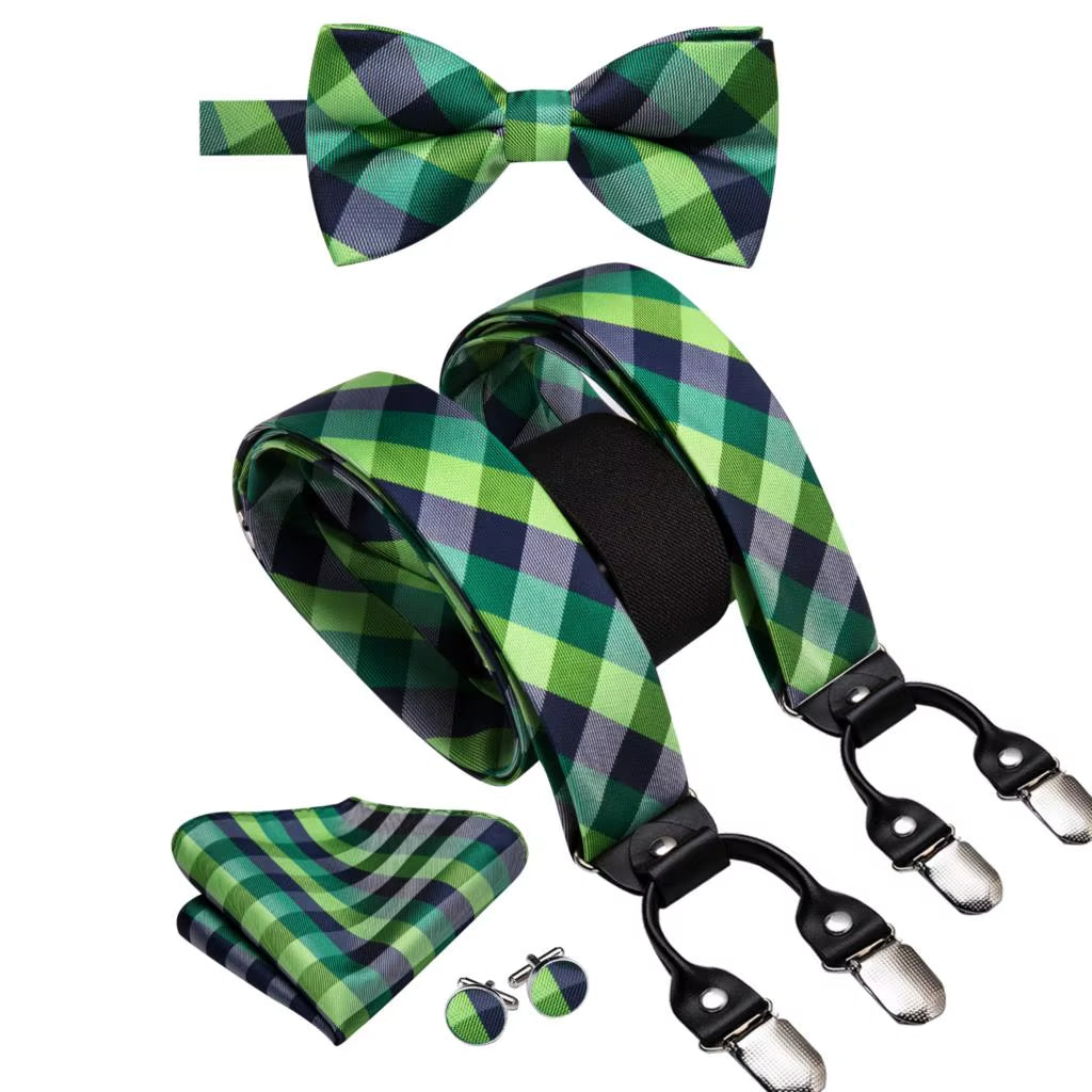 Hi-Tie Vintage Silk Men'S Suspender Set Fashion Gold Floral Suspender and Bow Tie Set Leather Metal 6 Clips Suspender Braces