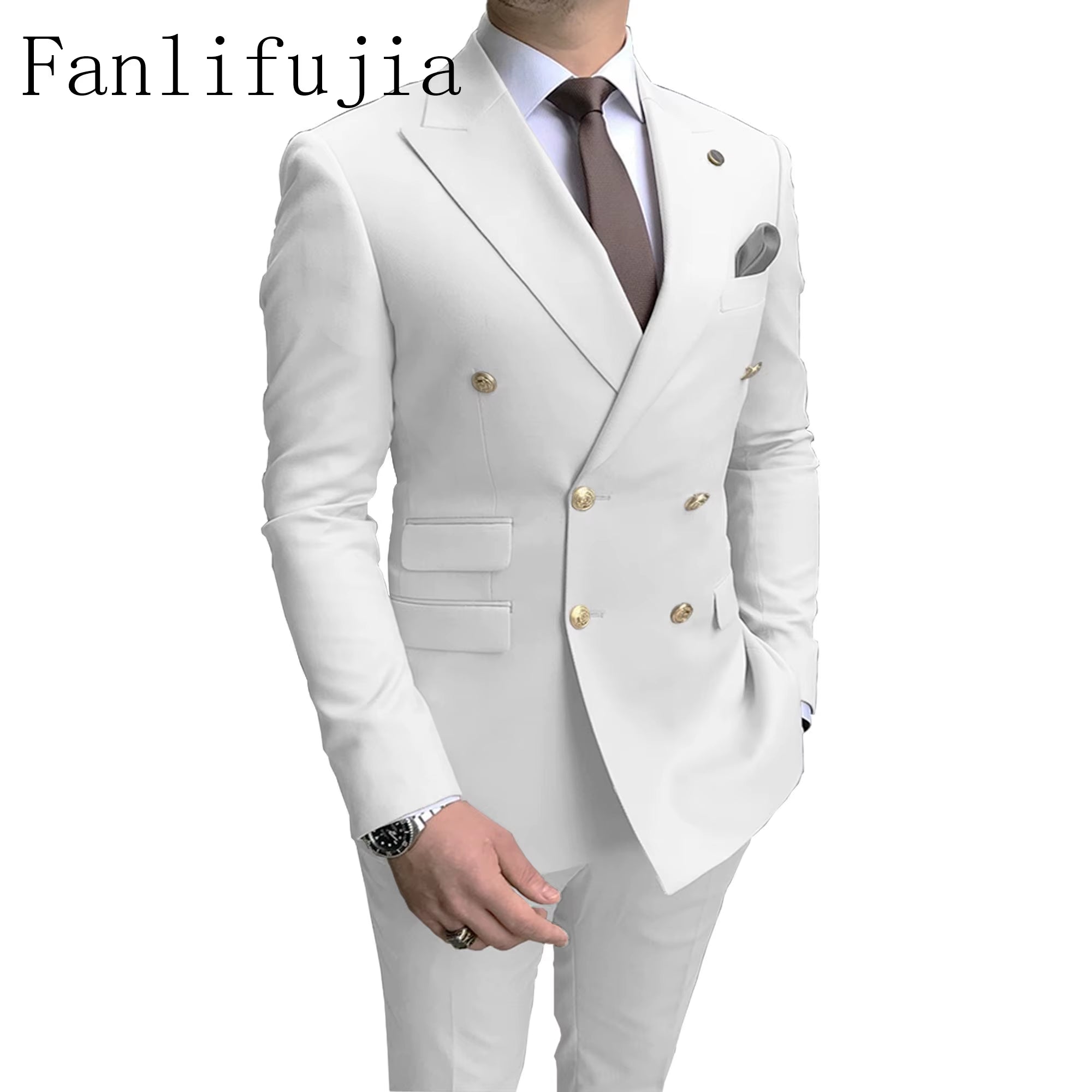 Store Navy Men Party Tuxedos 2 Pieces Latest Peak Lapel Men Suits Gold Buttons Fashion Style Suits Double Breasted