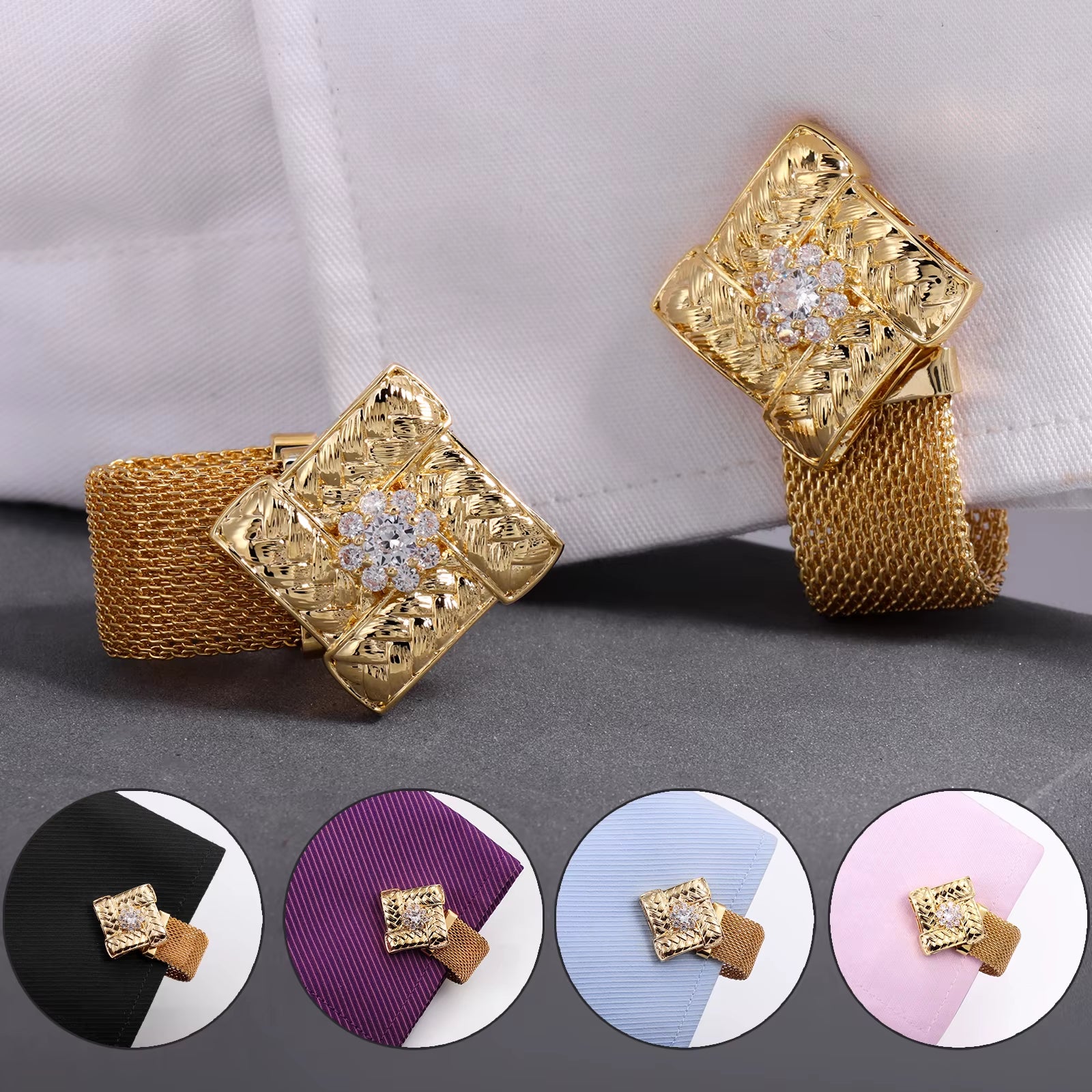 Square Zircon Cufflinks Set with Chain-Cuff Links Mens Shiny Luxurious French Shirt Ornament or Accessory - Party Favors for Men