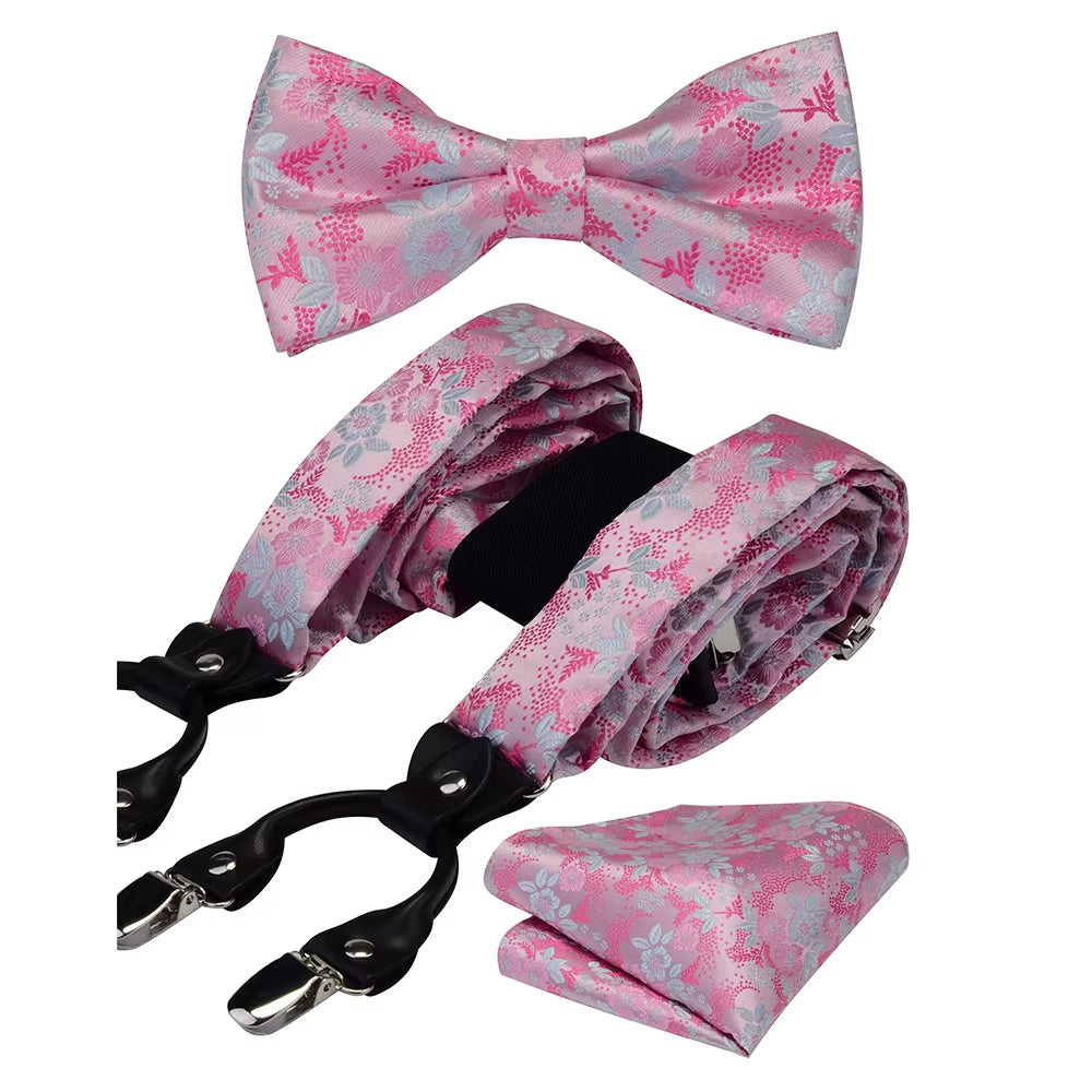 Fashion Floral Suspenders Leather 6 Clip Braces Vintage Casual Suspensorio Bow Tie Hanky Set Strap Bretele Father/Husband'S Gift