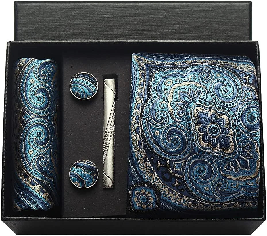 100% Silk Necktie Paisley Floral Mens Tie Top Quality Business Tie Pocket Square Tie Clip Cufflinks Set Classic for Men Gift Box