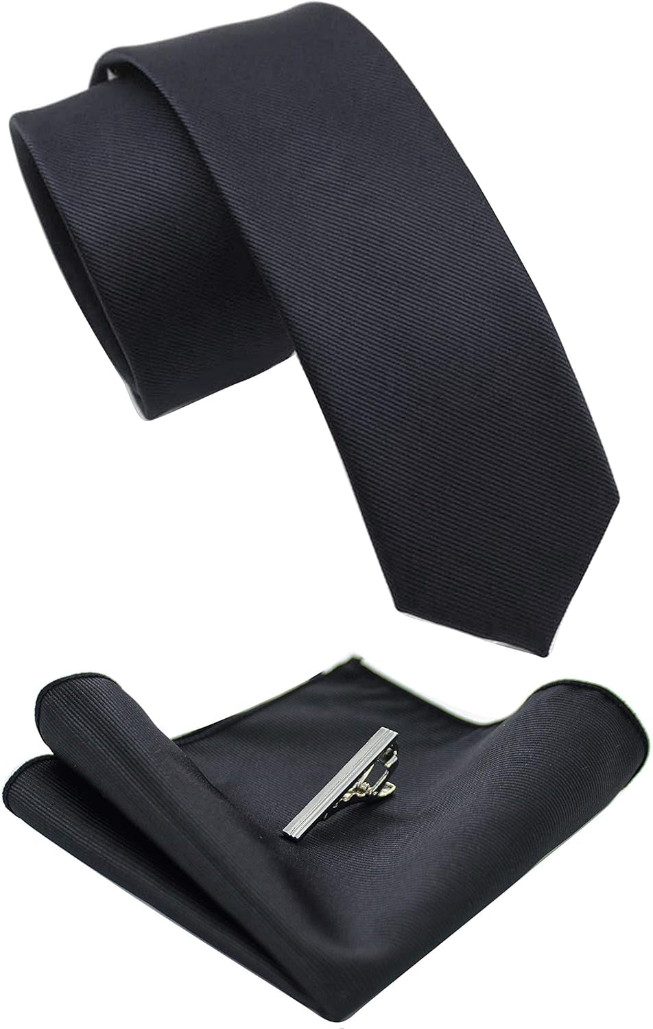 2.4" Solid Color Skinny Tie and Pocket Square with Tie Clip Sets for Men (6Cm)