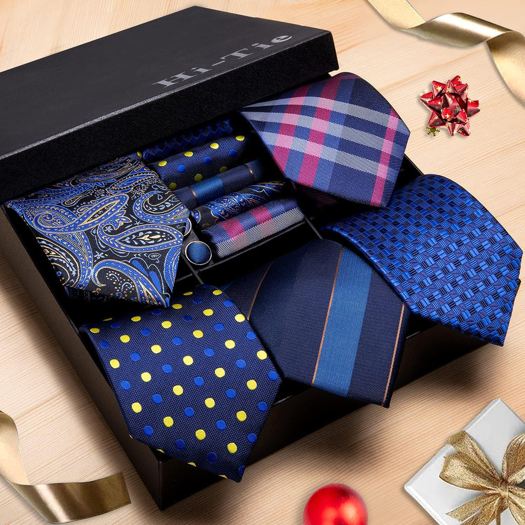 Lot 5 Pcs Gift Box Mens Tie Set Necktie with Pocket Square Cufflinks Silk Neck Tie Collection