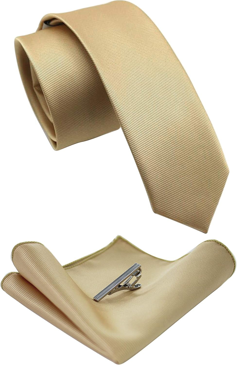 2.4" Solid Color Skinny Tie and Pocket Square with Tie Clip Sets for Men (6Cm)