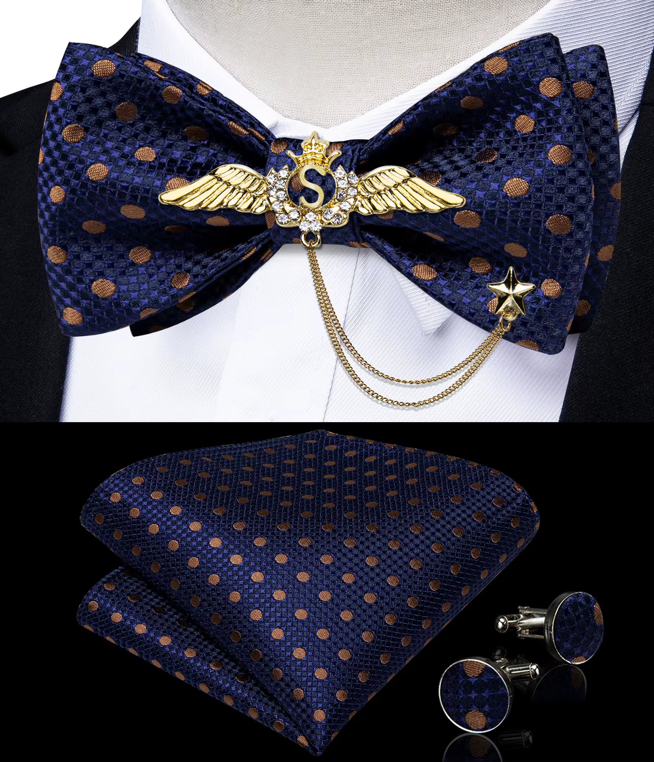 New Arrival Bow Ties for Men Silk Bowties Cufflinks Handkerchief Set for Party Wedding Suit Accessories Man Tie Golden Brooch